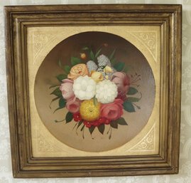 Vintage Floral Still Life Painted On Board Encased In A Gold Stenciled Textured Border