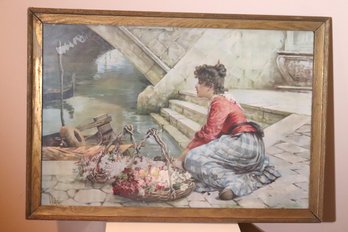 Framed Print Of Young Girl Selling Flowers By Venetian Canal.