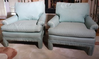 Pair Of Stylish Comfortable Vintage Upholstered Arm Chairs In A Neutral Blue Tone