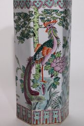 Hand-Painted Asian Hexagonal Porcelain Vase With Bottom Hallmark Birds Of Paradise Motif