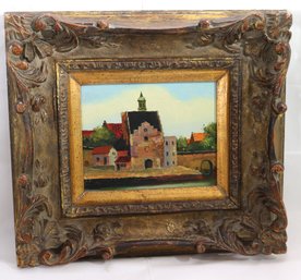 Original Vintage Painting Of A Dutch Village With River And Bridge In Baroque Wood Frame