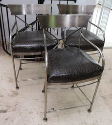 Set Of 3 Brushed Steel Counter Stools With A Textured Alligator Like Vinyl Fabric