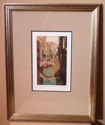 Signed Lithograph Of Venetian Canal With Bridge And Houses.