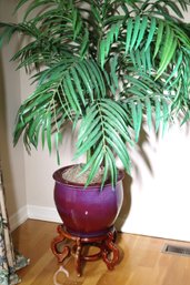 Large Modern Pottery Planter With Stand And Faux Palm Plant