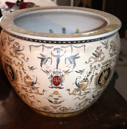 Hand Painted Planter In Neoclassical Italian Design With Koi Fish Painted Interior Stamped On The Undersi