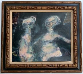 Expressionist MCM Tempera Painting / Artwork Of 2 Figures On Placard Signed And Dated 63.