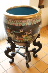Finely Detailed Large Chinese Cloisonne Planter / Jardiniere On Black Painted Wood Stand