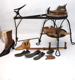 Antique Wrought Metal Cobbler Stool With Accessories Us Standard Shoe Sizer Kerry Bros Makers & Shoe Molds