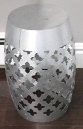 Decorative Drum Style Metal Garden Stool/side Table With A Hollow Laser Cut Quatrefoil Pattern