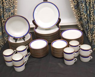 Richard Ginori, Italy, Palermo Porcelain Dinnerware With Blue And Gold Border.