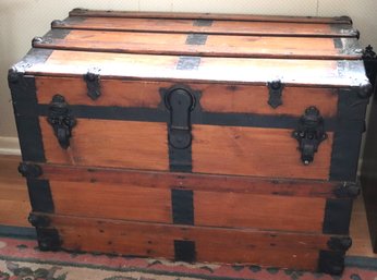 Antique Wood Trunk With Ornate Hardware & A Custom Handmade Quilt Style Liner