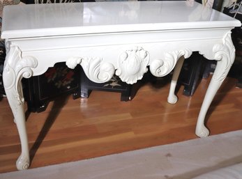 French Style Carved Wood Console Table Finished In Off White