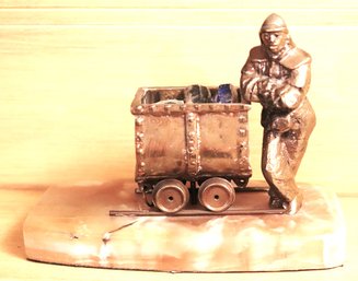 Vintage Brass Statue Of Coal Miner On Onyx Base Made In Chile
