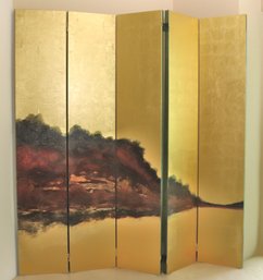 Artist Paul Hunter 5 Panel Painted Screen Landscape Vista On Gold Leaf