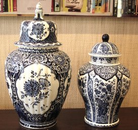 Pair Of Blue And White Delft Vases With Lids, By Boch, Belgium