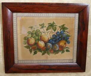 Antique Tree Fruit Still Life Painting On Fabric With A Knitted Border Encased In A Wooden Glass Frame