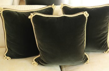 Lot Of 3 Square Dark Moss Green Velvet Pillows With Silk & Gold Cord Trim