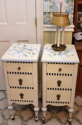 Pair Of Antique Hand Painted Floral Nightstands, Well-made Quality Craftsmanship Includes Tole Style Lamp