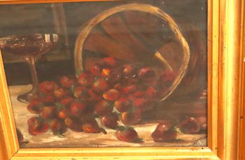 Strawberries In A Basket Antique Still Life Painting On Canvas Encased In A Distressed Gilded Glass Frame