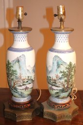 Pair Of Very Fine Chinese Porcelain Hand Painted Lamps With Mountain Scenery & Blue Trim