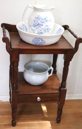 Vintage Pegged Wood Wash Basin With Dresden England Pitcher & Bowl, Includes A Royal Iron Chamber Pot