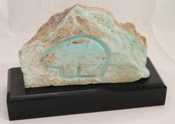 Blue Aragonite Or Variscite Slab Partly Polished With Native American Fetish Bear
