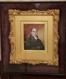 Antique Miniature Portrait Painting In A Fancy Gilded Wood Frame Encased In A Wooden/glass Shadow Box