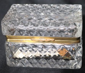 Vintage Heavy French Crystal Jewelry Casket Box With Brass Rim