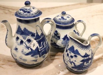 Blue & White 3-piece Chinese Tea Set Featuring Pagoda Designs