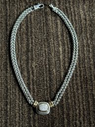 David Yurman 16.5 Inch Double Sterling Chain With Attached Sterling , 18k Details And Diamond Pendant