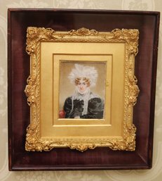 Antique Miniature Portrait Painting In A Fancy Gilded Wood Frame Encased In A Wooden/glass Shadow Box