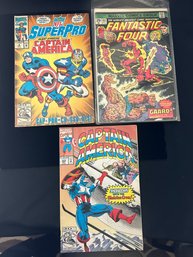 3 Vintage Marvel Comic Books - Fantastic Four, Captain America And Super Pro