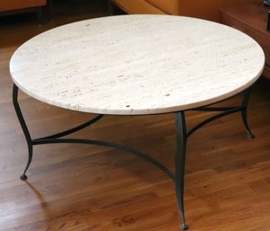 Vintage Round Travertine Coffee Table On An Ornate Metal Base.