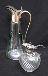 Gorgeous Secessionist Era Glass Pitcher With Green Glass Overlay & Small Victorian And Pitcher With Embos
