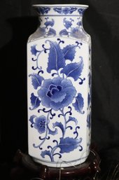 Large Bombay Chinese Blue And White Floral Vase On A Wood Stand 18.5 Inches Tall