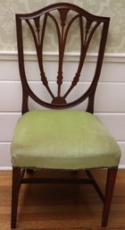 Antique Hepplewhite Shield Back Wood Chair With A Green Velvet Like Upholstered Cushion