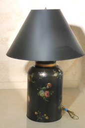 Vintage Hand Painted Milk Can Table Lamp With Floral Accents And A Matching Black Shade And Felt Bottom
