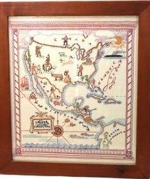 1943 Hand Embroidered North America Map By Dee Lillvik In A Wood Frame