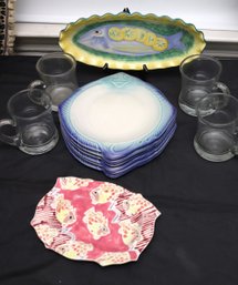 Set Of 6 French Fish Plates, 4 Hand Blown Glass Mugs, And More.