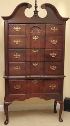 Vintage Cherry Queen Anne Highboy Tall Chest With A Carved Shell Accent And Ornate Brass Hardware