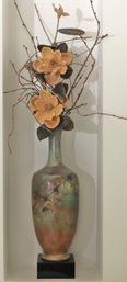 Tall Decorative Hand Painted Ceramic Vase With Stylized Birds In Flight Signed Raquel