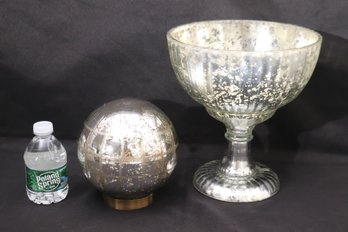 Grouping Of Mercury Glass Items, From Ballard Designs, With Small Globe Lamp.