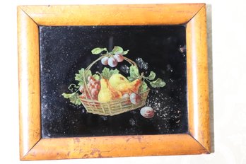 Antique Reverse Still Life Painting On Glass Of Ripe Tree Fruits In A Basket