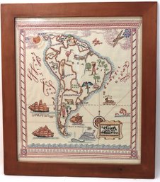 1946 Hand Embroidered South America Map By Dee Lillvik In A Wood Frame