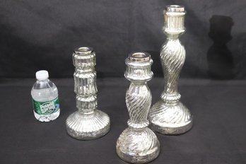 Three Mercury Glass Candle Sticks In Graduated Sizes, From Ballard Designs