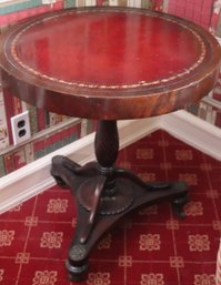 Traditional Vintage Round End Table With A Leather Top