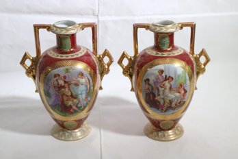 Pair Of Austria Beehive Neoclassical Painted Urns After Anjelica Kaufman Designs