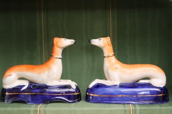 Pair Of Gorgeous Antique 19 Th Century Hand Painted Staffordshire Porcelain Whippet Ink Well Figurines