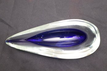 Modernist Cobalt Blue And Clear Glass Teardrop Shaped Dish