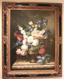 Large Floral Centerpiece Still Life Painting On Canvas Signed By The Artist Fagoli In A Beautiful Carved Wood